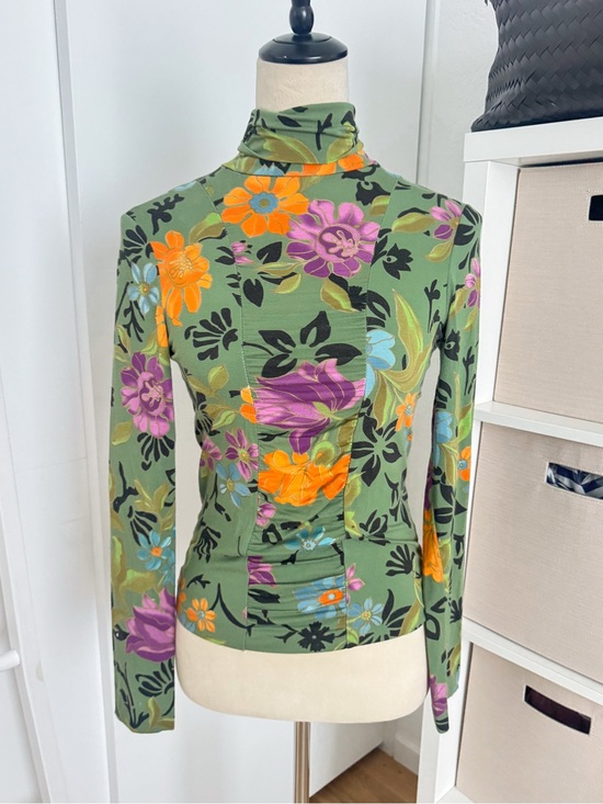 Etro Sweaters - Etro Milano Floral Ruched Turtleneck Long Sleeve Stretch Top Green